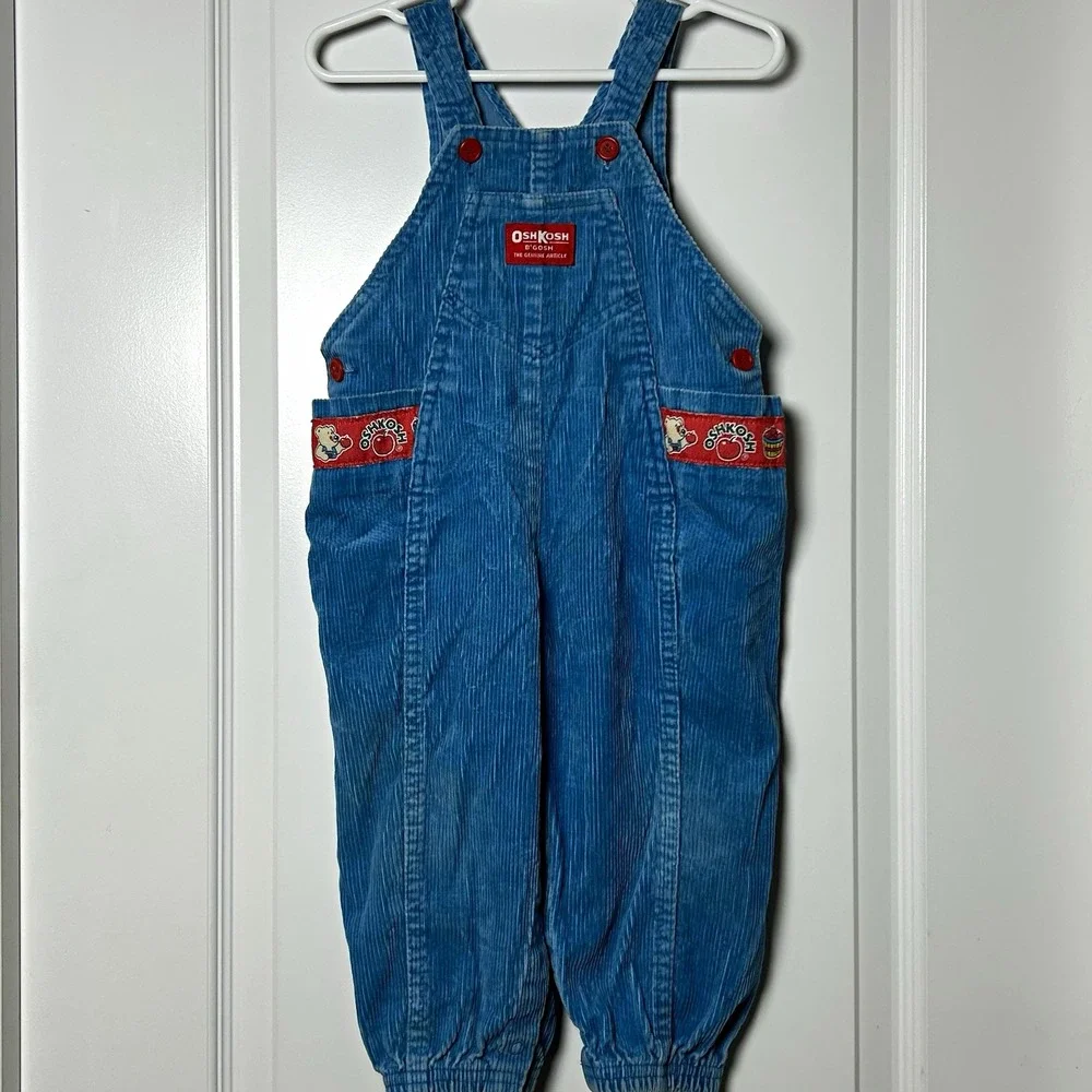 OshKosh B'gosh Vintage 80s Made in USA Blue Red Corduroy One-Piece Overalls